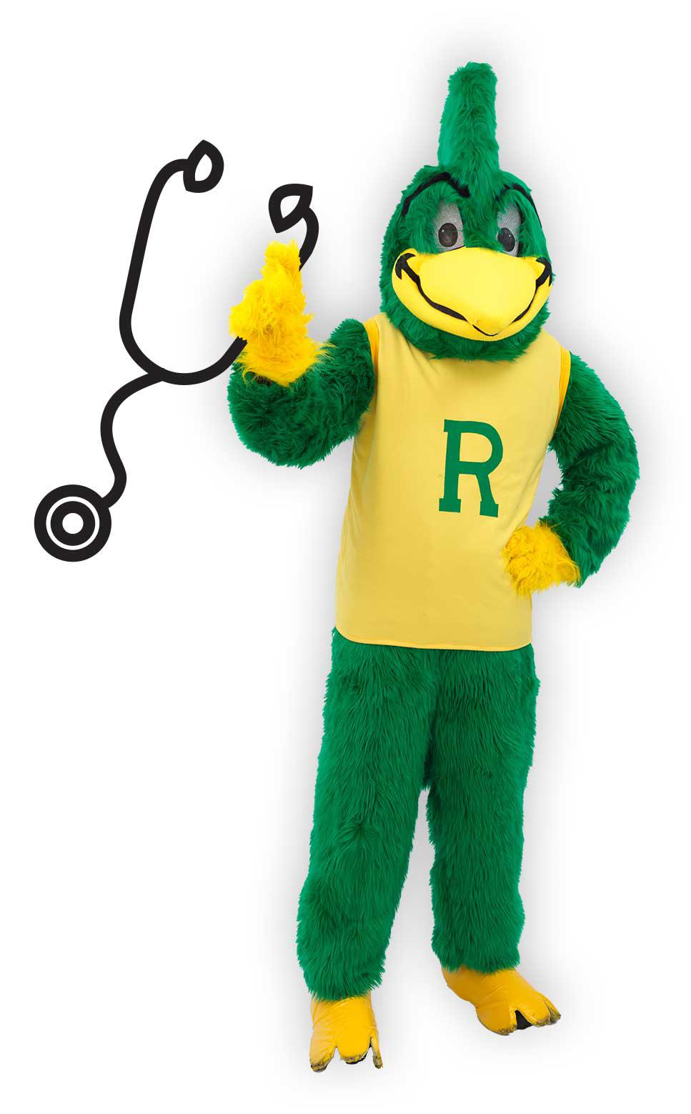 Roadrunner mascot holding stethescope