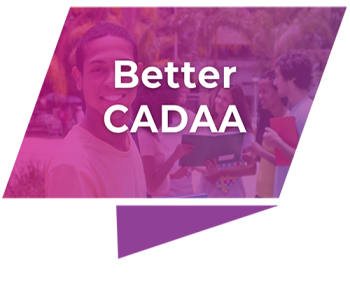 Students standing outside on campus with one holding a clipboard, overlaid by a pink geometric shape with the text ‘Better CADAA