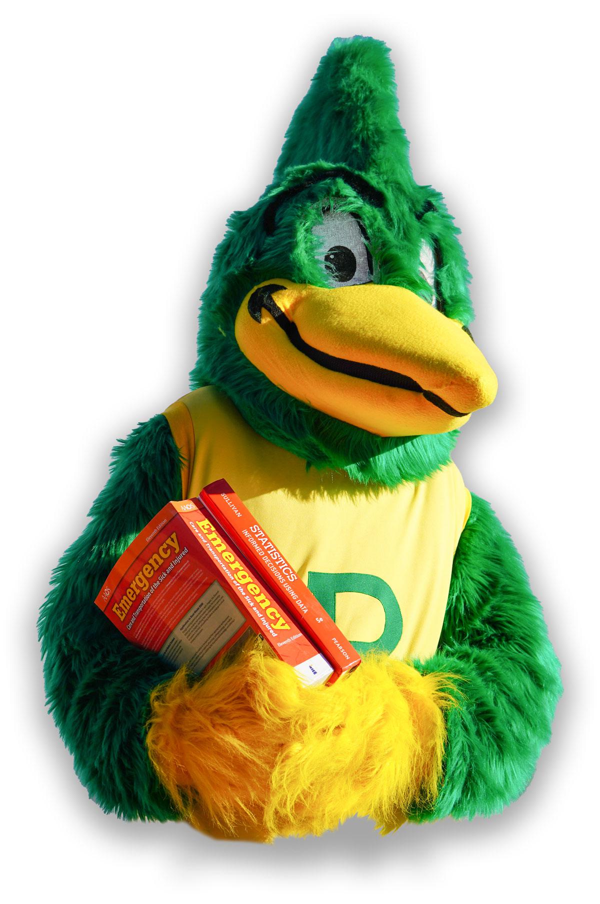 roadrunner mascot with books