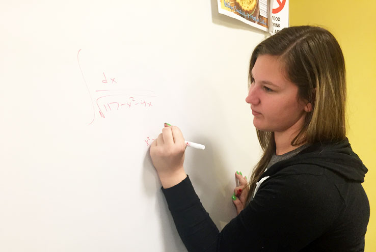 Tutor solving equation on white board
