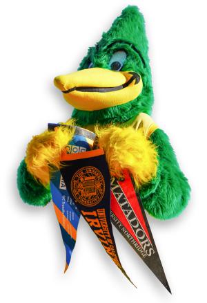 Roadrunner mascot holding university pennants