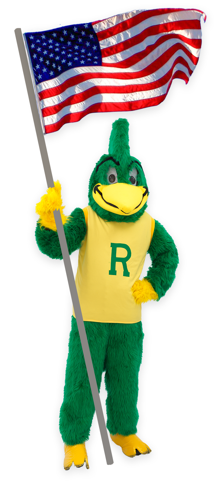 Roadrunner mascot holding university pennants