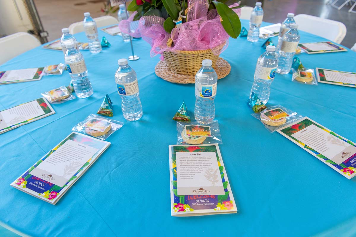 table with water bottles