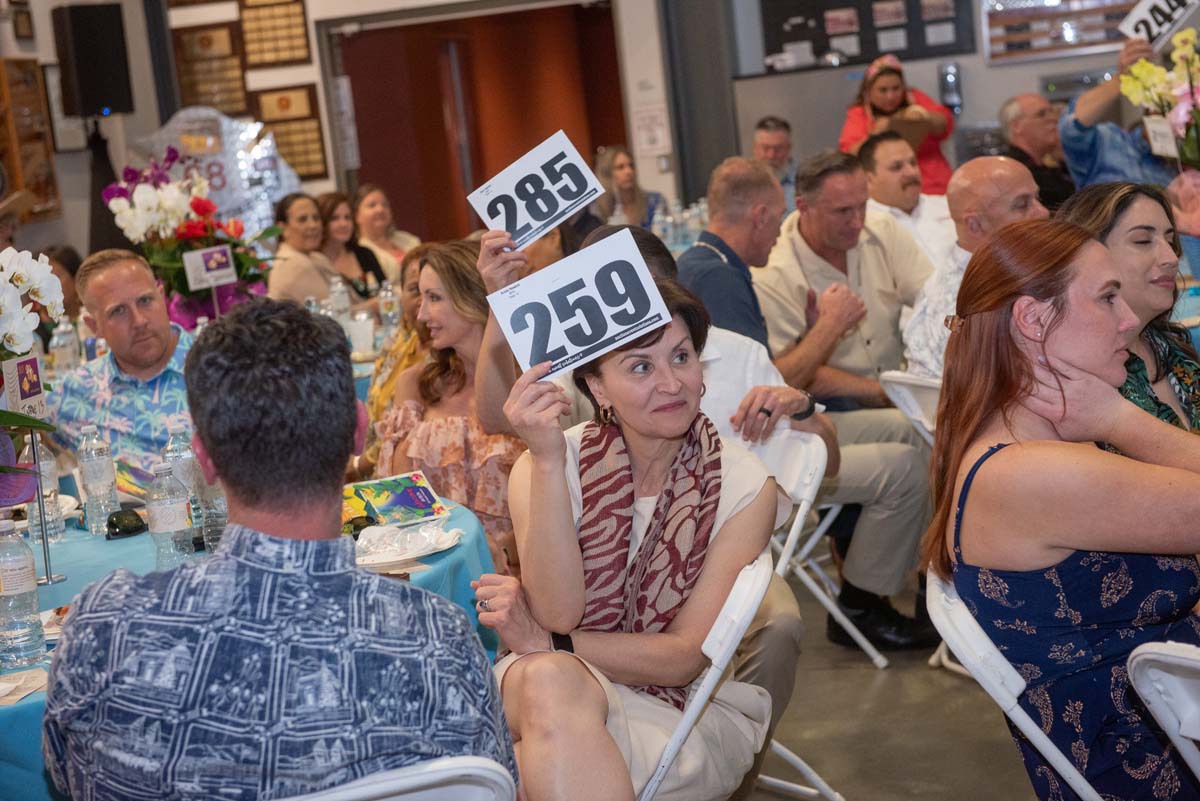 People holding up bidding numbers