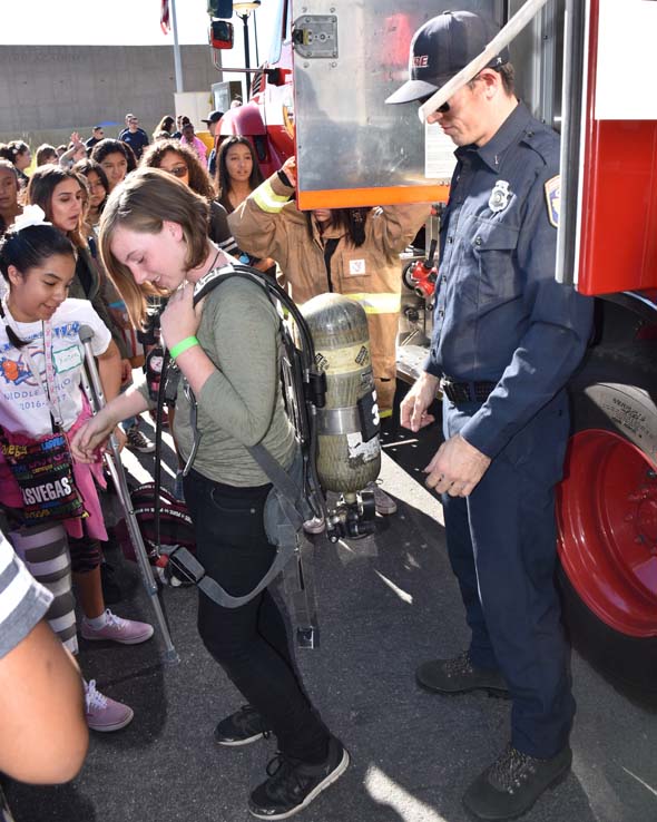 Ambulance and people at Allied Health and Medical Careers day