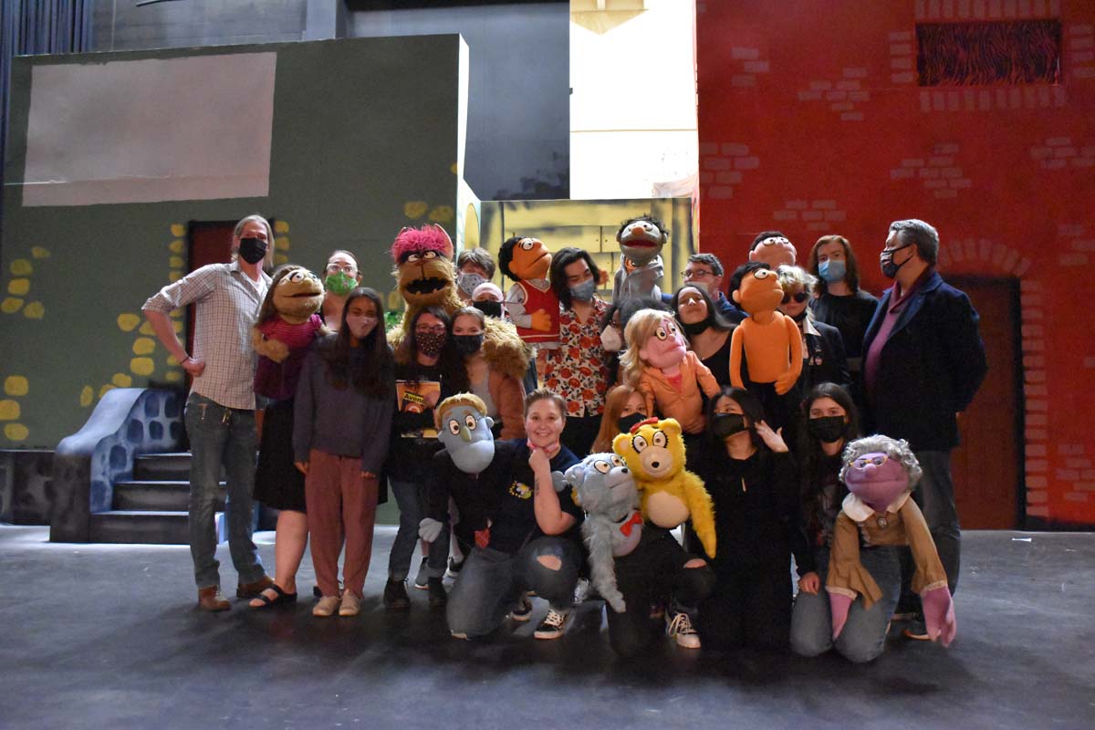 Performers at an Avenue Q rehearsal