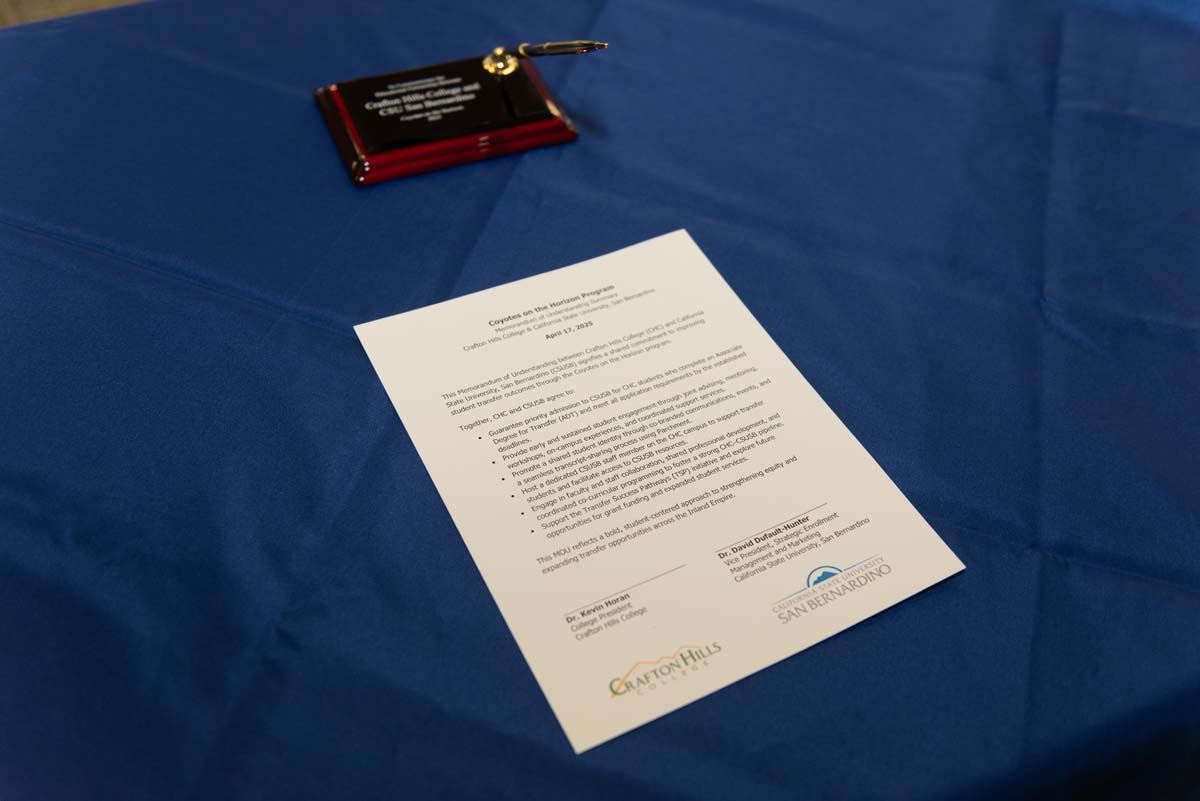 Mascots at the CSUSB CHC Coyotes on the Horizon MOU Signing Ceremony.