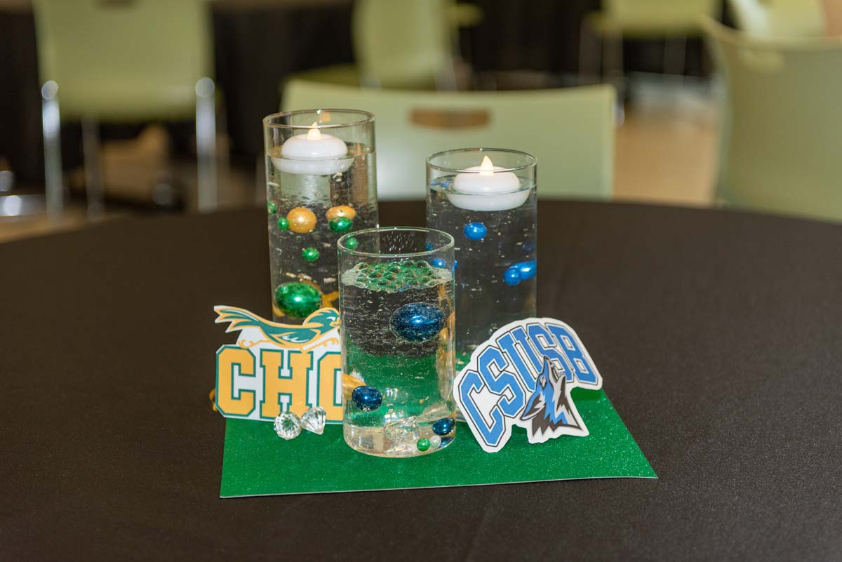 Mascots at the CSUSB CHC Coyotes on the Horizon MOU Signing Ceremony.