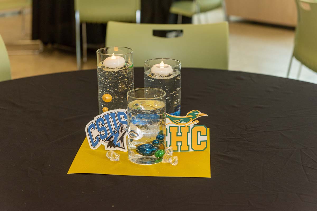 Mascots at the CSUSB CHC Coyotes on the Horizon MOU Signing Ceremony.