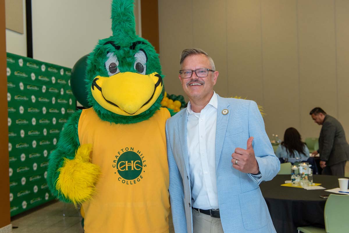 Mascots at the CSUSB CHC Coyotes on the Horizon MOU Signing Ceremony.