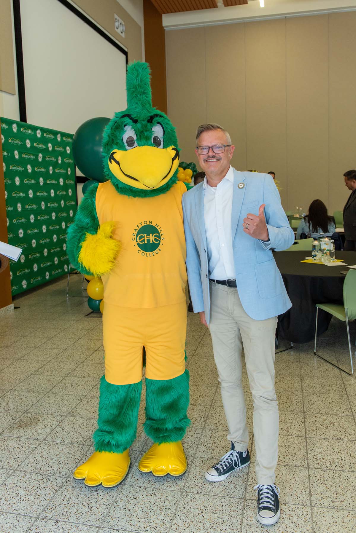Mascots at the CSUSB CHC Coyotes on the Horizon MOU Signing Ceremony.