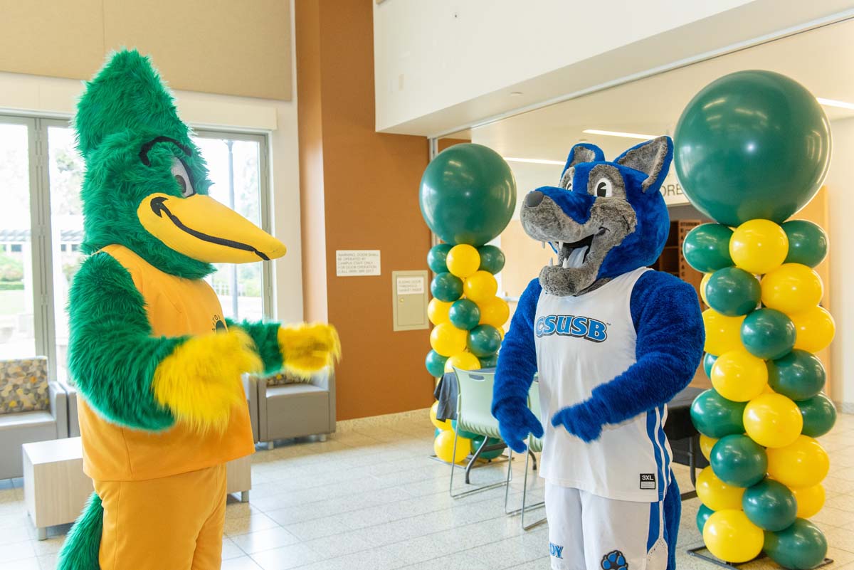 Mascots at the CSUSB CHC Coyotes on the Horizon MOU Signing Ceremony.