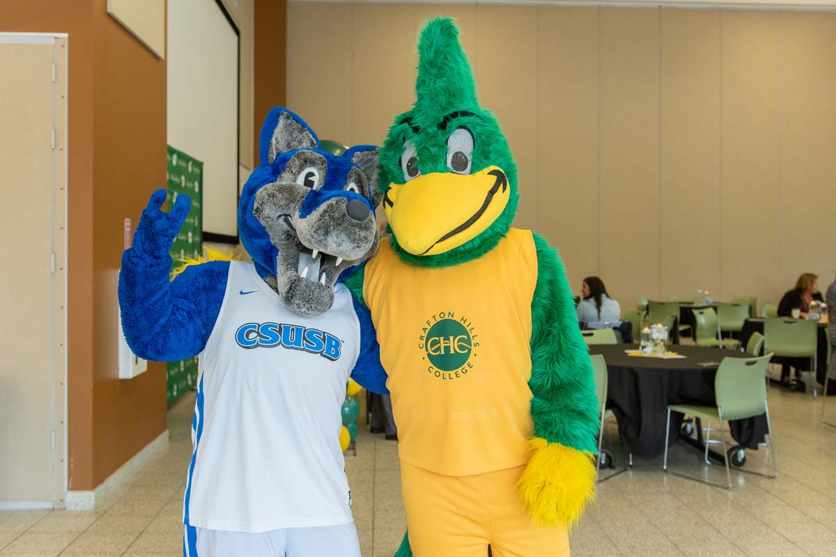 Mascots at the CSUSB CHC Coyotes on the Horizon MOU Signing Ceremony.
