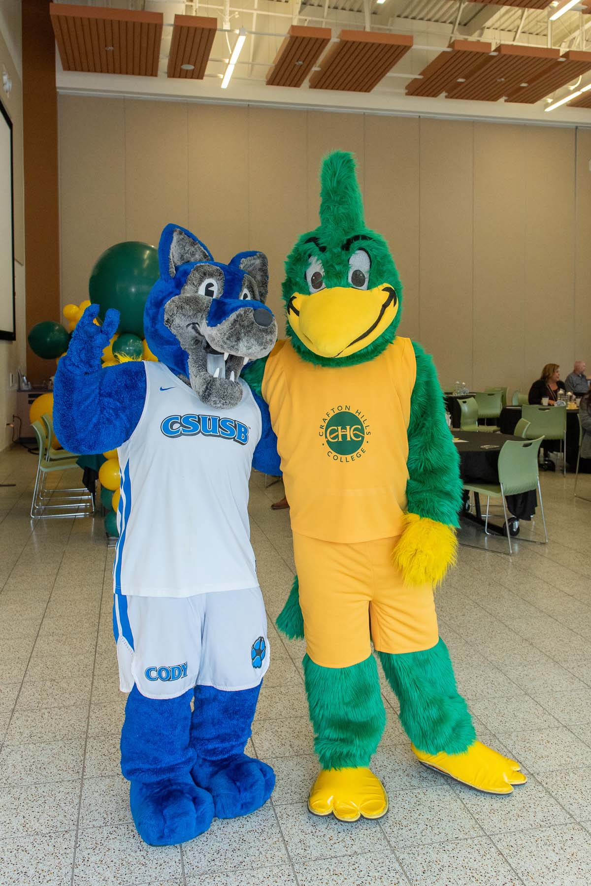 Mascots at the CSUSB CHC Coyotes on the Horizon MOU Signing Ceremony.