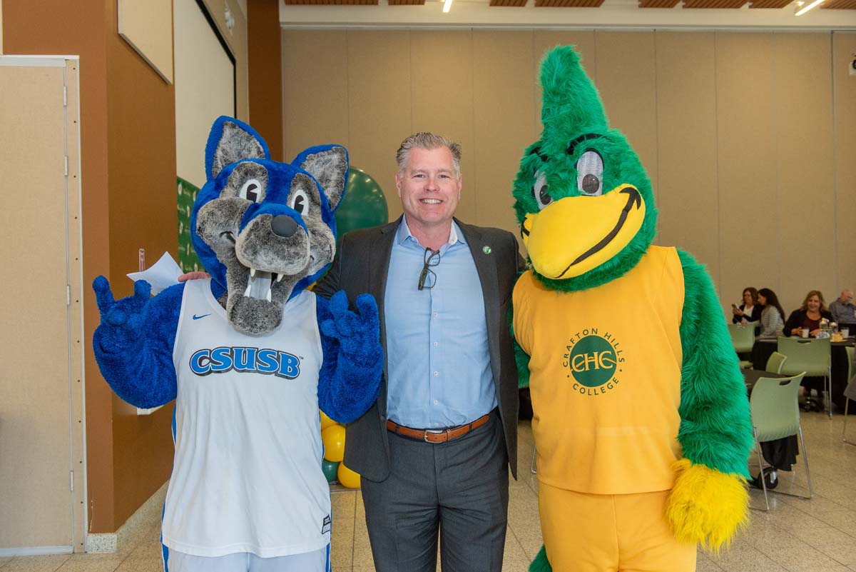 Mascots at the CSUSB CHC Coyotes on the Horizon MOU Signing Ceremony.