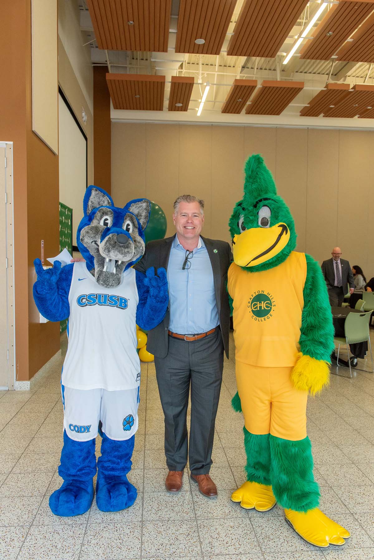 Mascots at the CSUSB CHC Coyotes on the Horizon MOU Signing Ceremony.