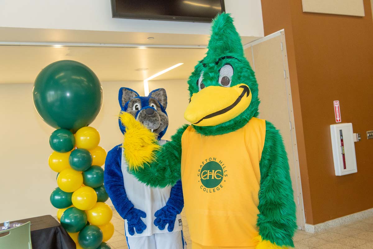 Mascots at the CSUSB CHC Coyotes on the Horizon MOU Signing Ceremony.