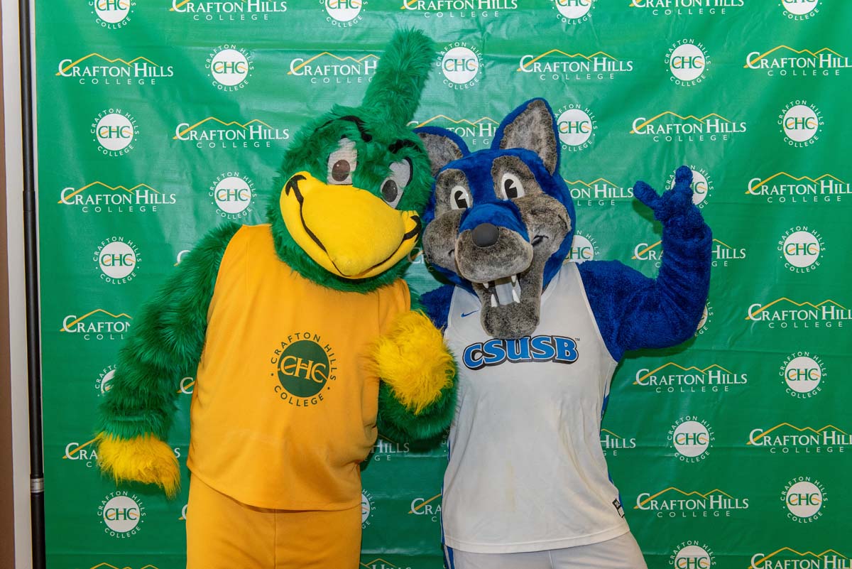 Mascots at the CSUSB CHC Coyotes on the Horizon MOU Signing Ceremony.