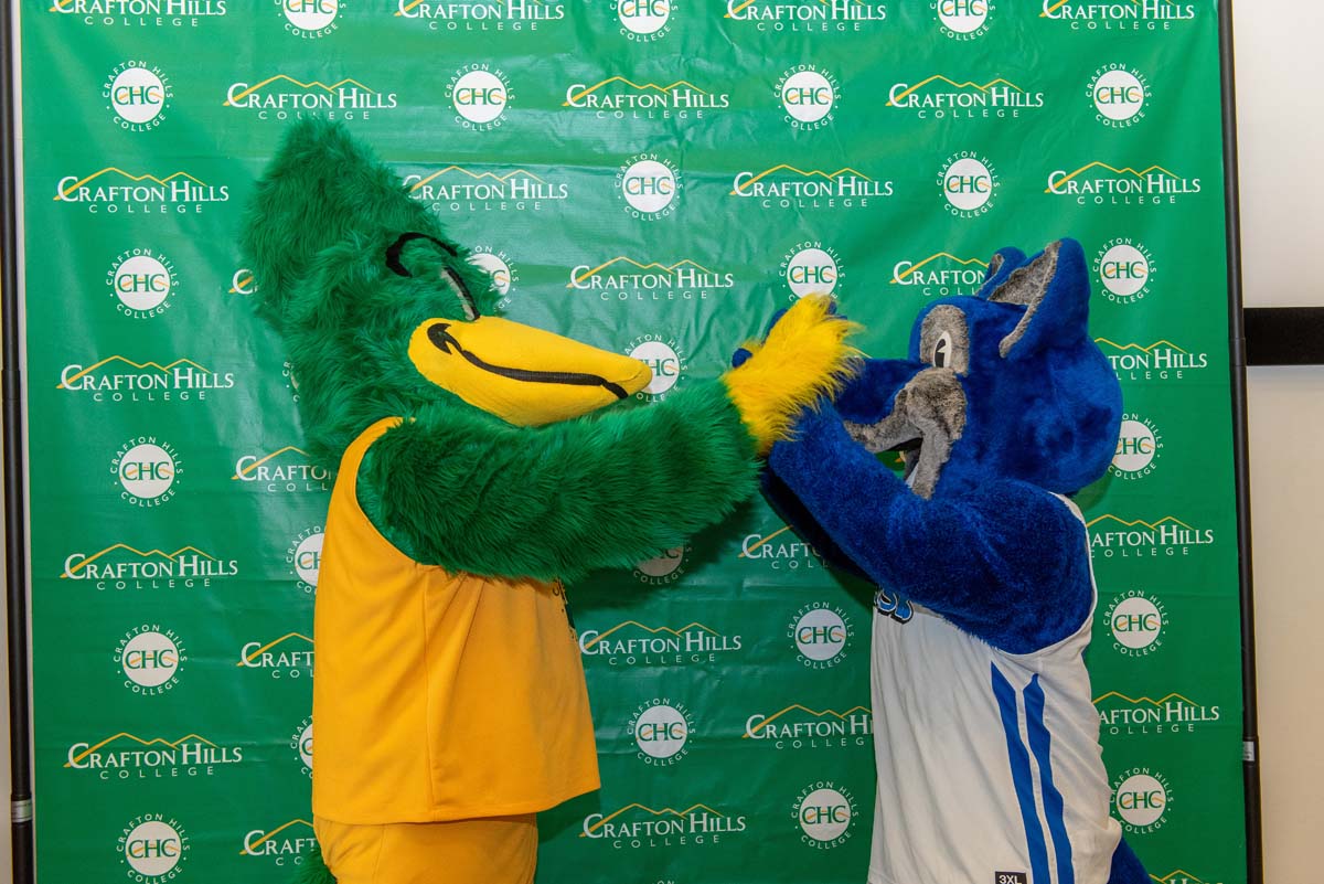 Mascots at the CSUSB CHC Coyotes on the Horizon MOU Signing Ceremony.