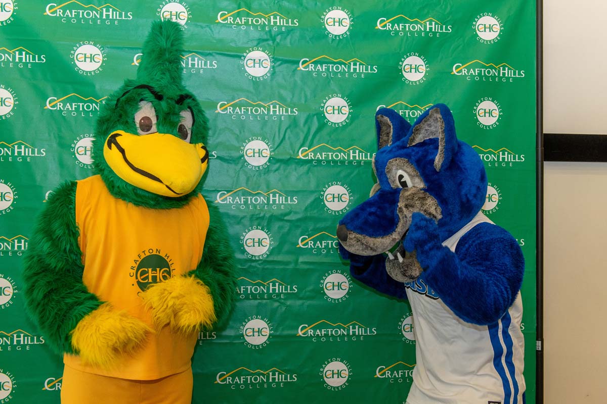 Mascots at the CSUSB CHC Coyotes on the Horizon MOU Signing Ceremony.