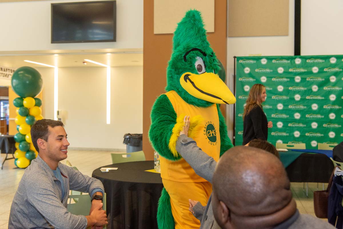 Mascots at the CSUSB CHC Coyotes on the Horizon MOU Signing Ceremony.