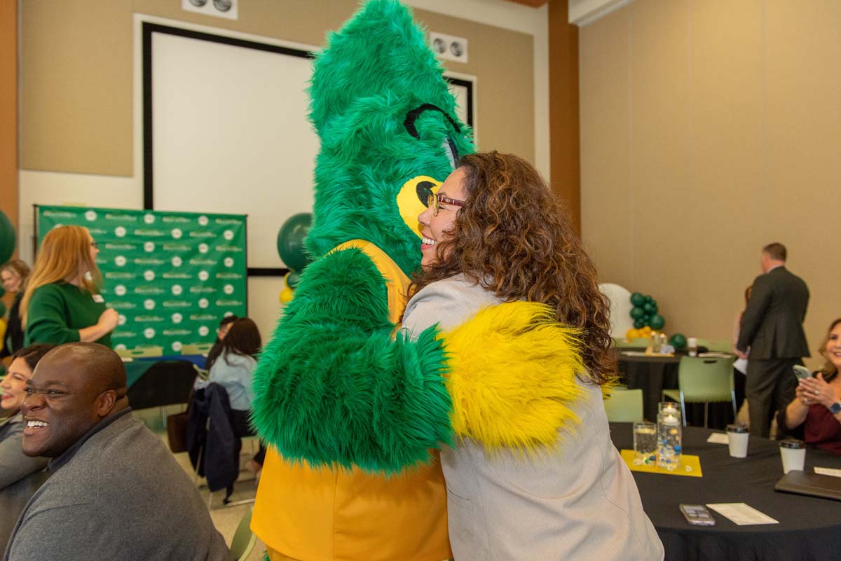 Mascots at the CSUSB CHC Coyotes on the Horizon MOU Signing Ceremony.