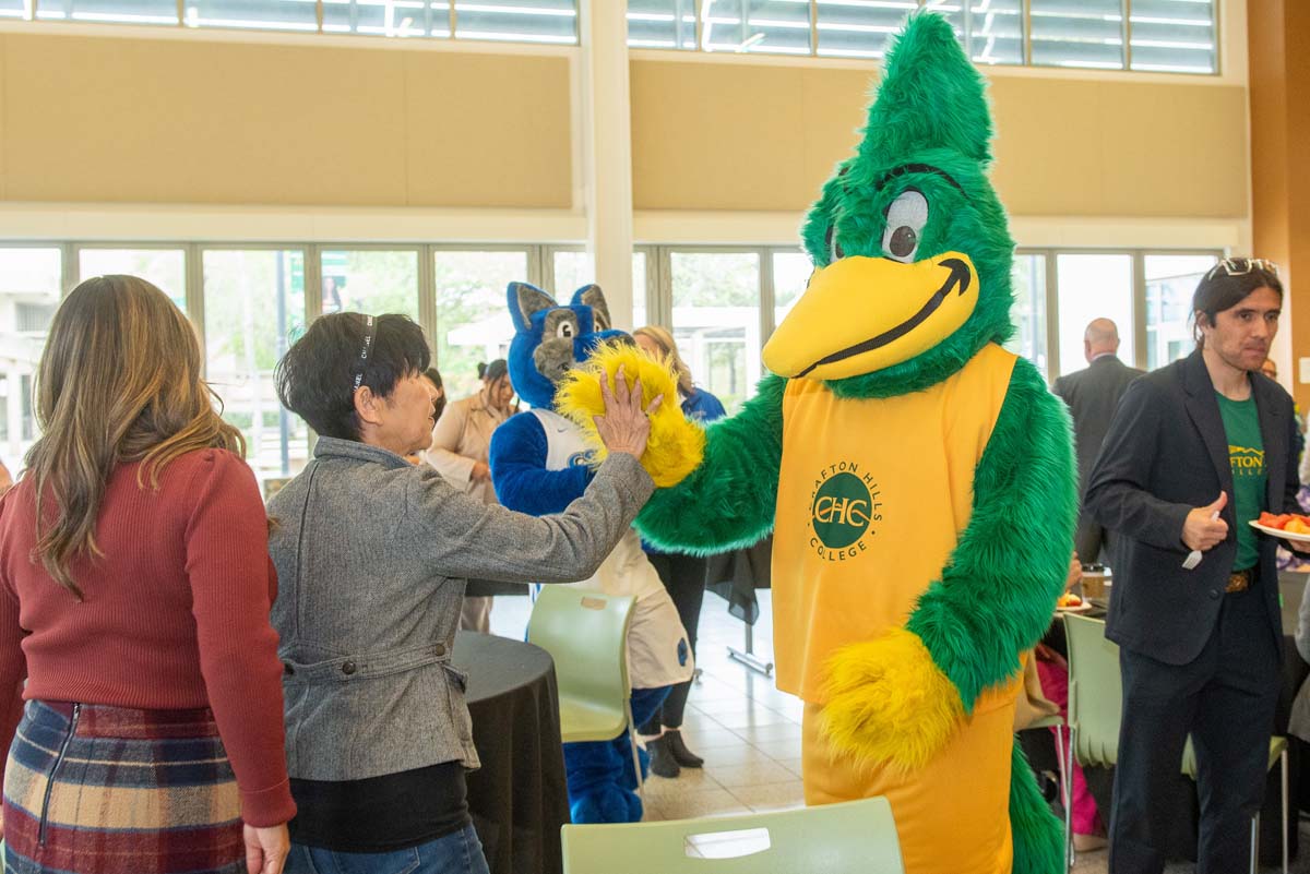 Mascots at the CSUSB CHC Coyotes on the Horizon MOU Signing Ceremony.