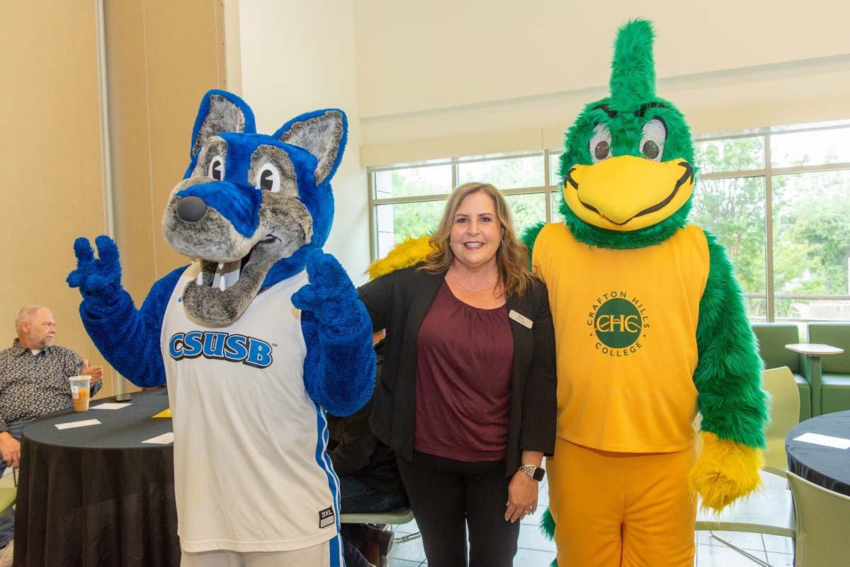 Mascots at the CSUSB CHC Coyotes on the Horizon MOU Signing Ceremony.