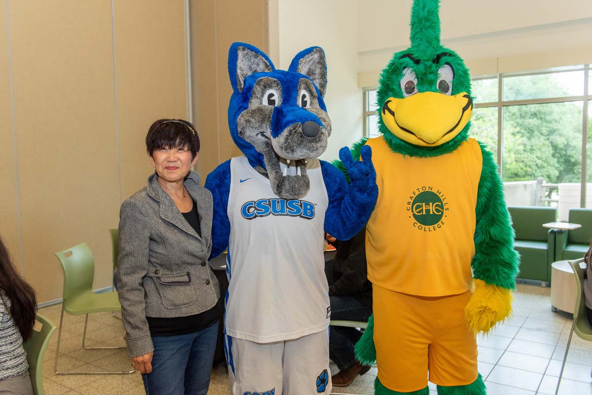 Mascots at the CSUSB CHC Coyotes on the Horizon MOU Signing Ceremony.