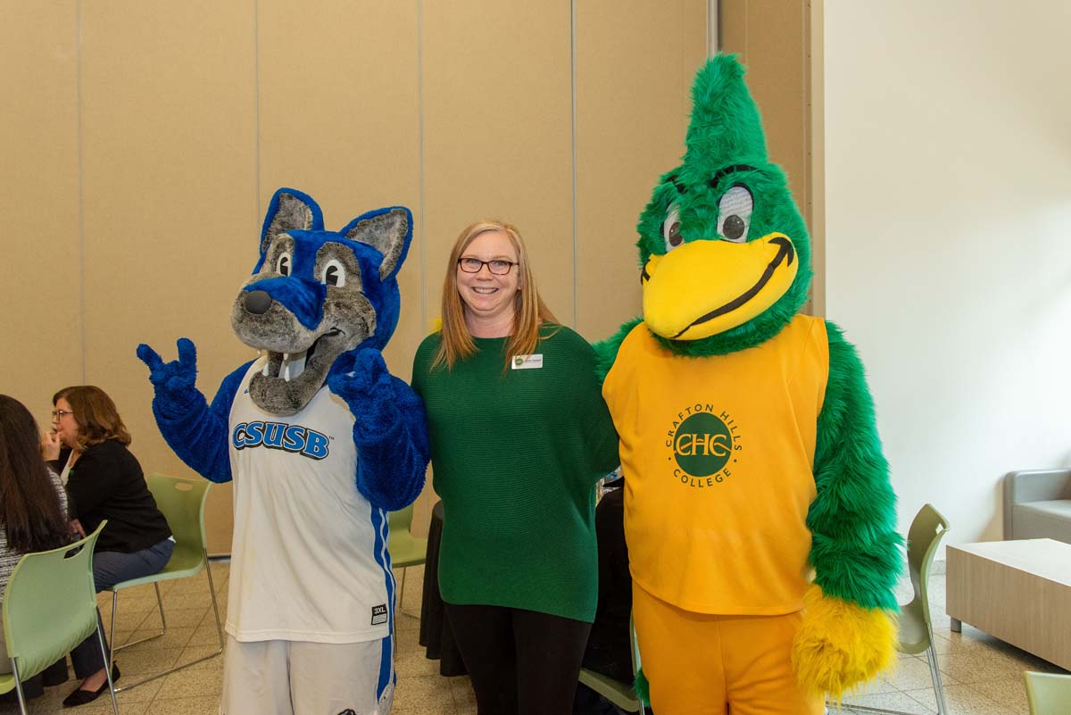Mascots at the CSUSB CHC Coyotes on the Horizon MOU Signing Ceremony.
