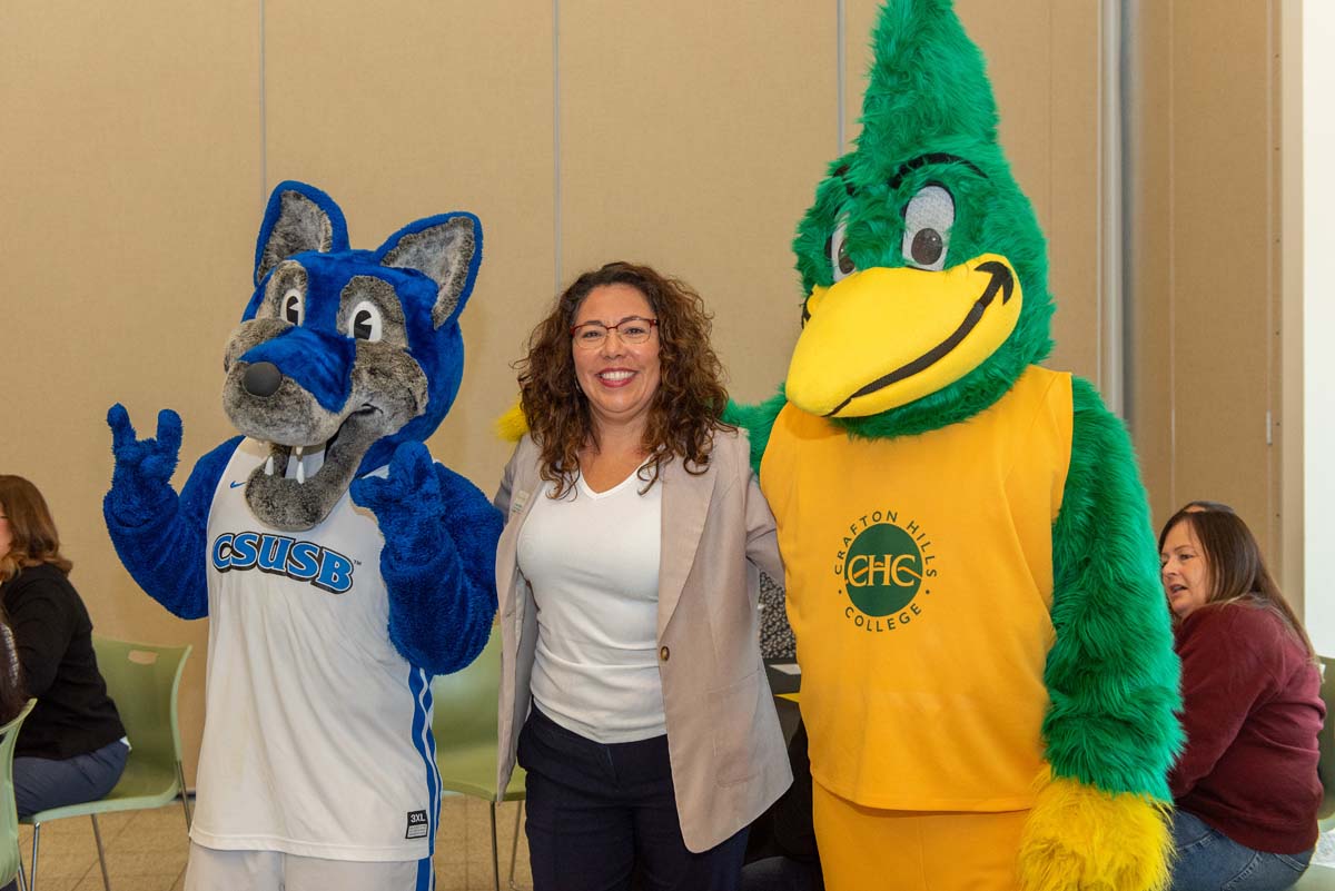Mascots at the CSUSB CHC Coyotes on the Horizon MOU Signing Ceremony.