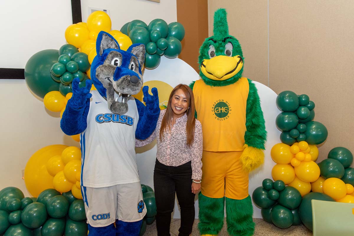 Mascots at the CSUSB CHC Coyotes on the Horizon MOU Signing Ceremony.