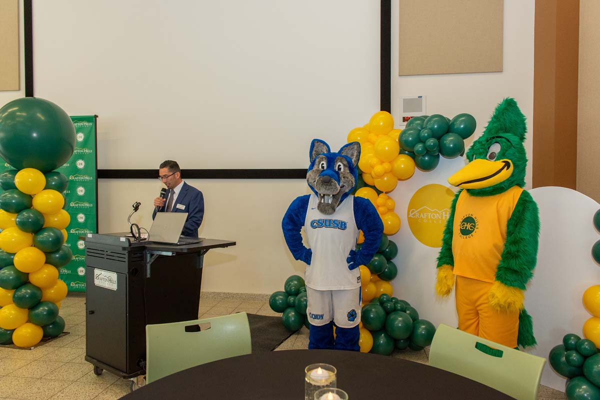 Mascots at the CSUSB CHC Coyotes on the Horizon MOU Signing Ceremony.