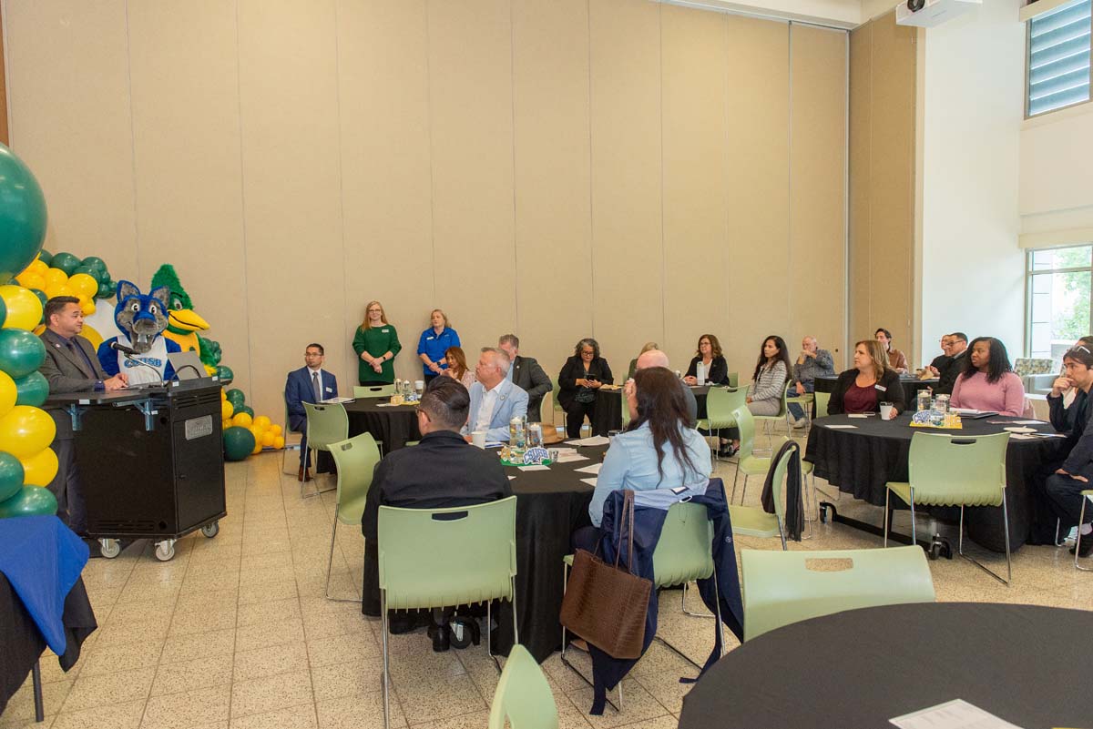 Mascots at the CSUSB CHC Coyotes on the Horizon MOU Signing Ceremony.