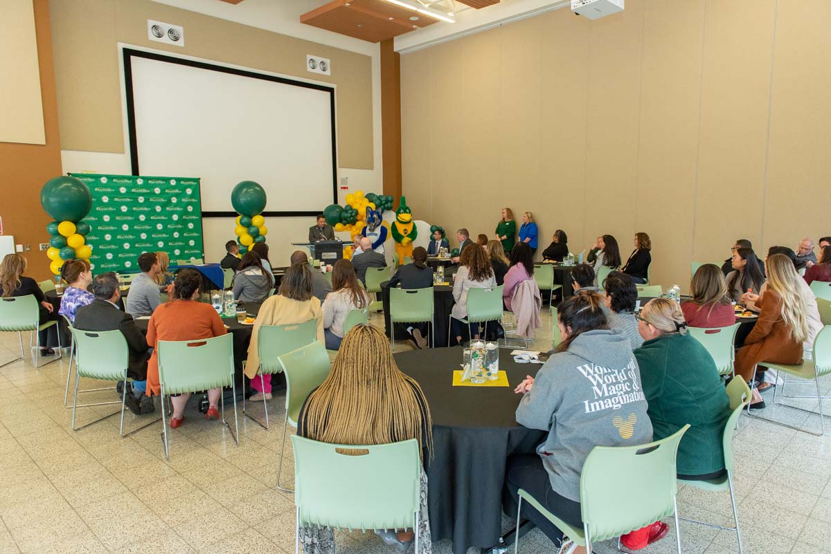 Mascots at the CSUSB CHC Coyotes on the Horizon MOU Signing Ceremony.