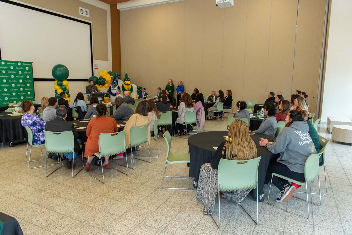 Mascots at the CSUSB CHC Coyotes on the Horizon MOU Signing Ceremony.