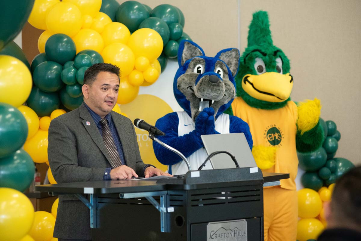 Mascots at the CSUSB CHC Coyotes on the Horizon MOU Signing Ceremony.