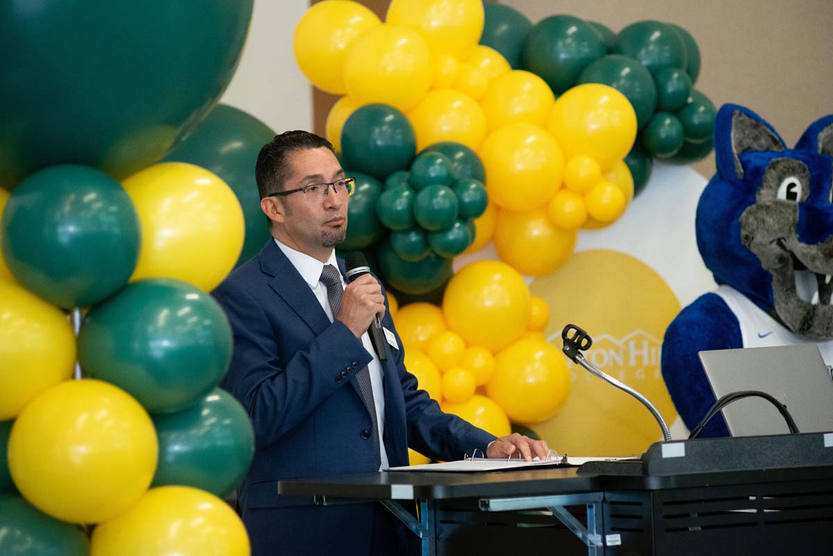 Mascots at the CSUSB CHC Coyotes on the Horizon MOU Signing Ceremony.