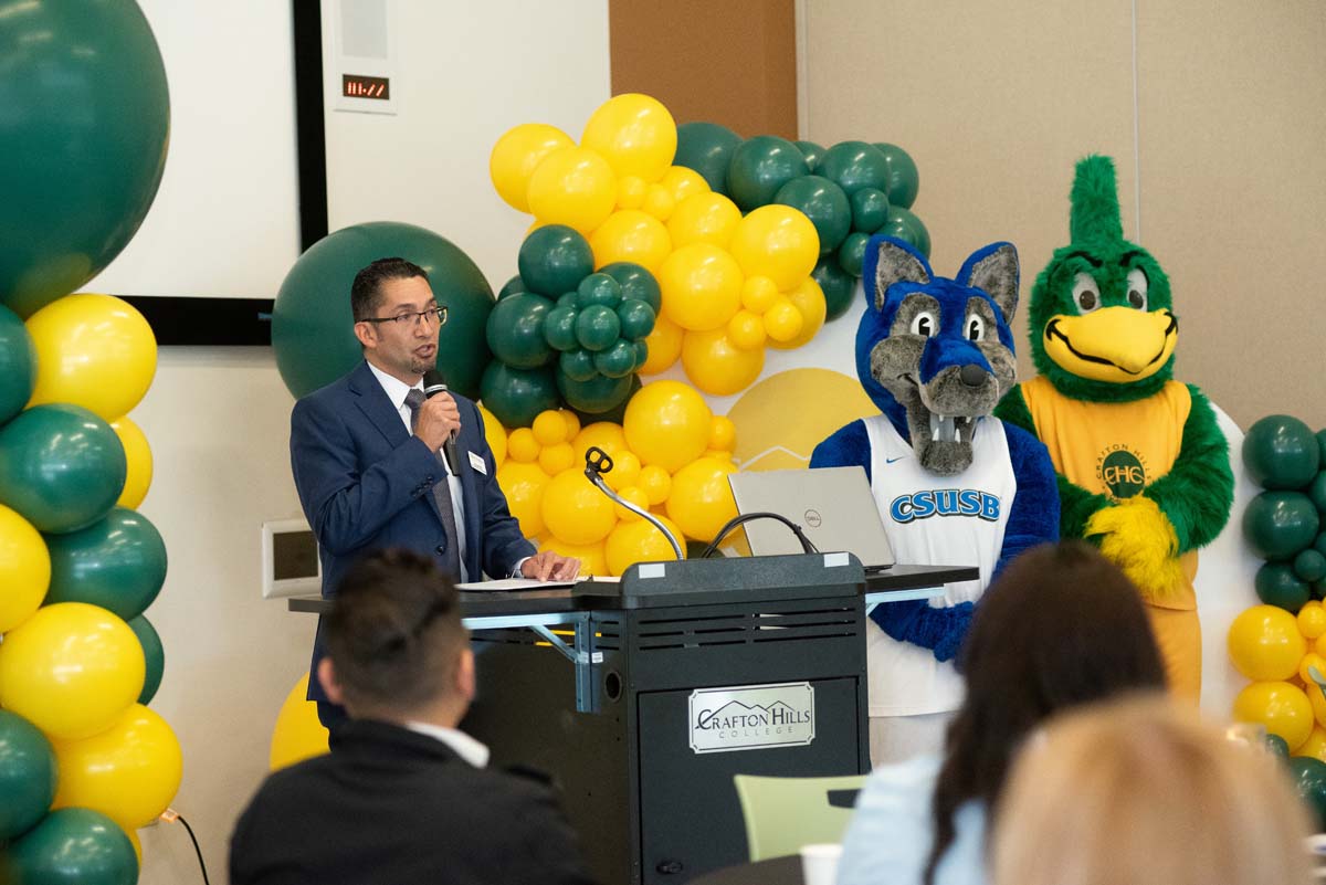 Mascots at the CSUSB CHC Coyotes on the Horizon MOU Signing Ceremony.