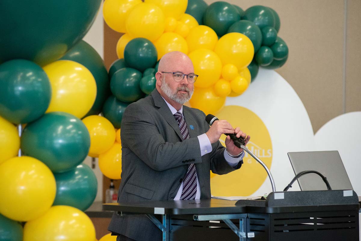 Mascots at the CSUSB CHC Coyotes on the Horizon MOU Signing Ceremony.