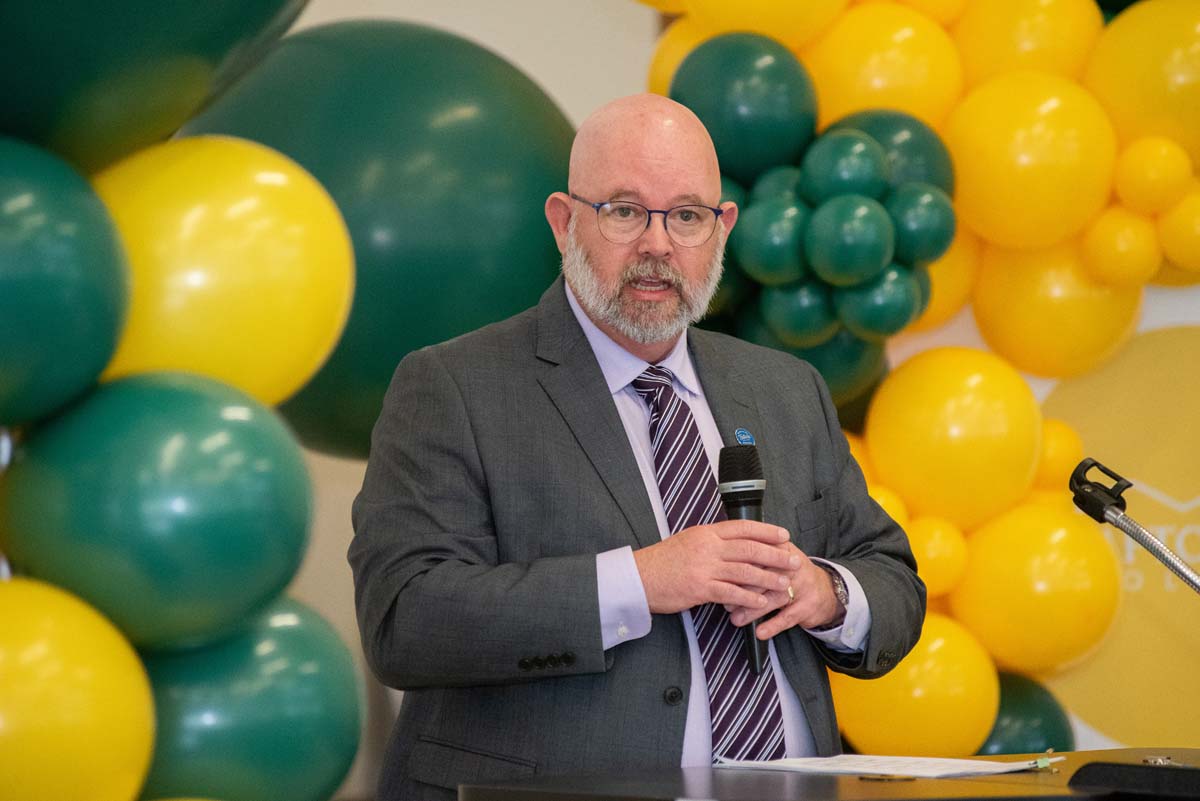 Mascots at the CSUSB CHC Coyotes on the Horizon MOU Signing Ceremony.