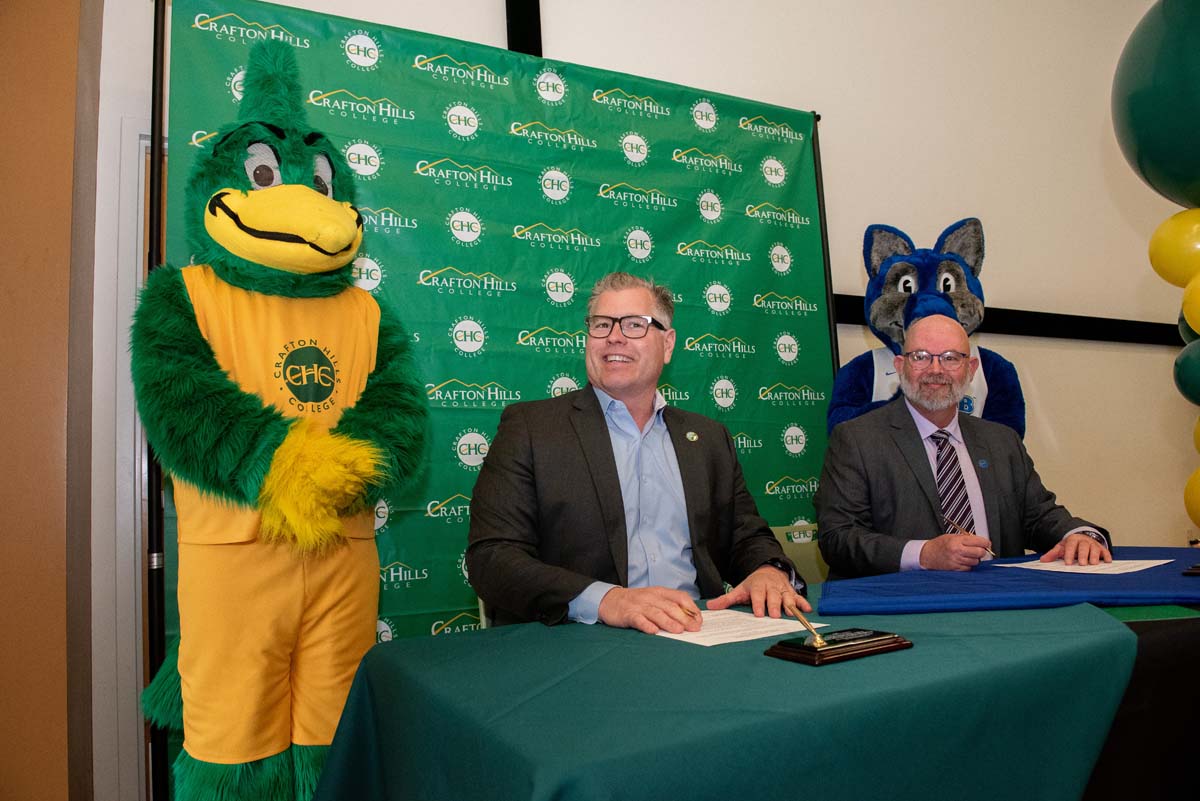 Mascots at the CSUSB CHC Coyotes on the Horizon MOU Signing Ceremony.
