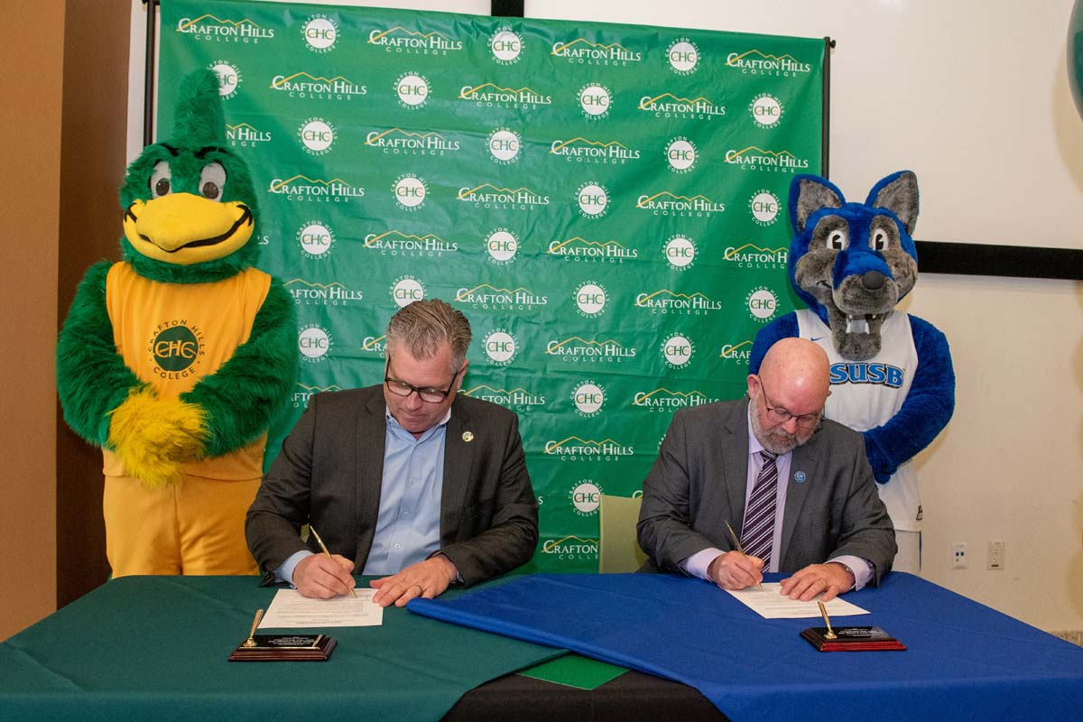 Mascots at the CSUSB CHC Coyotes on the Horizon MOU Signing Ceremony.