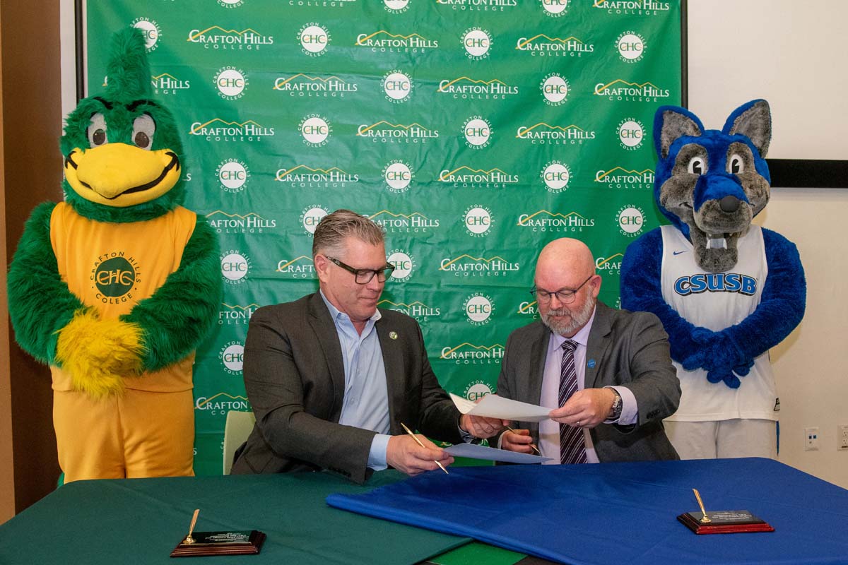 Mascots at the CSUSB CHC Coyotes on the Horizon MOU Signing Ceremony.