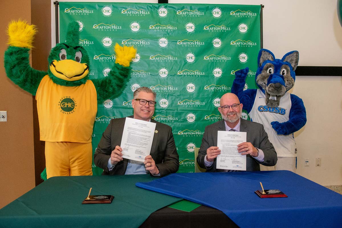 Mascots at the CSUSB CHC Coyotes on the Horizon MOU Signing Ceremony.
