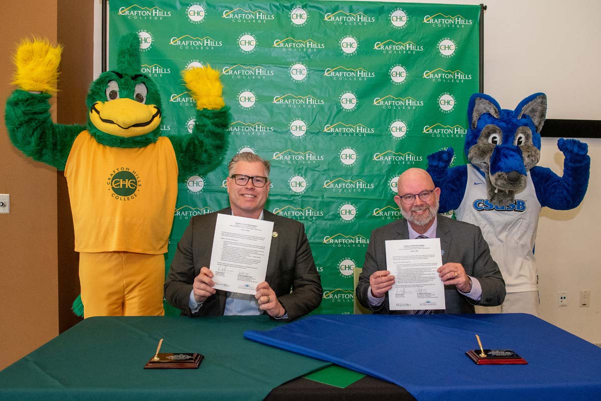 Mascots at the CSUSB CHC Coyotes on the Horizon MOU Signing Ceremony.