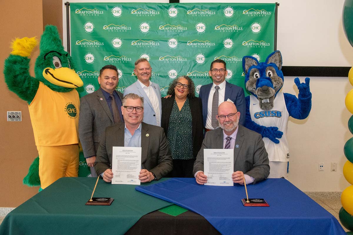 Mascots at the CSUSB CHC Coyotes on the Horizon MOU Signing Ceremony.