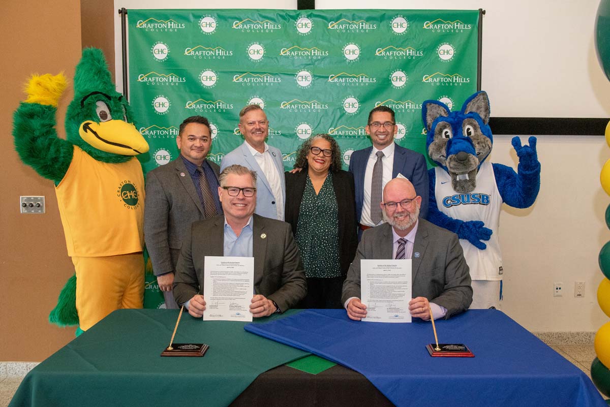 Mascots at the CSUSB CHC Coyotes on the Horizon MOU Signing Ceremony.