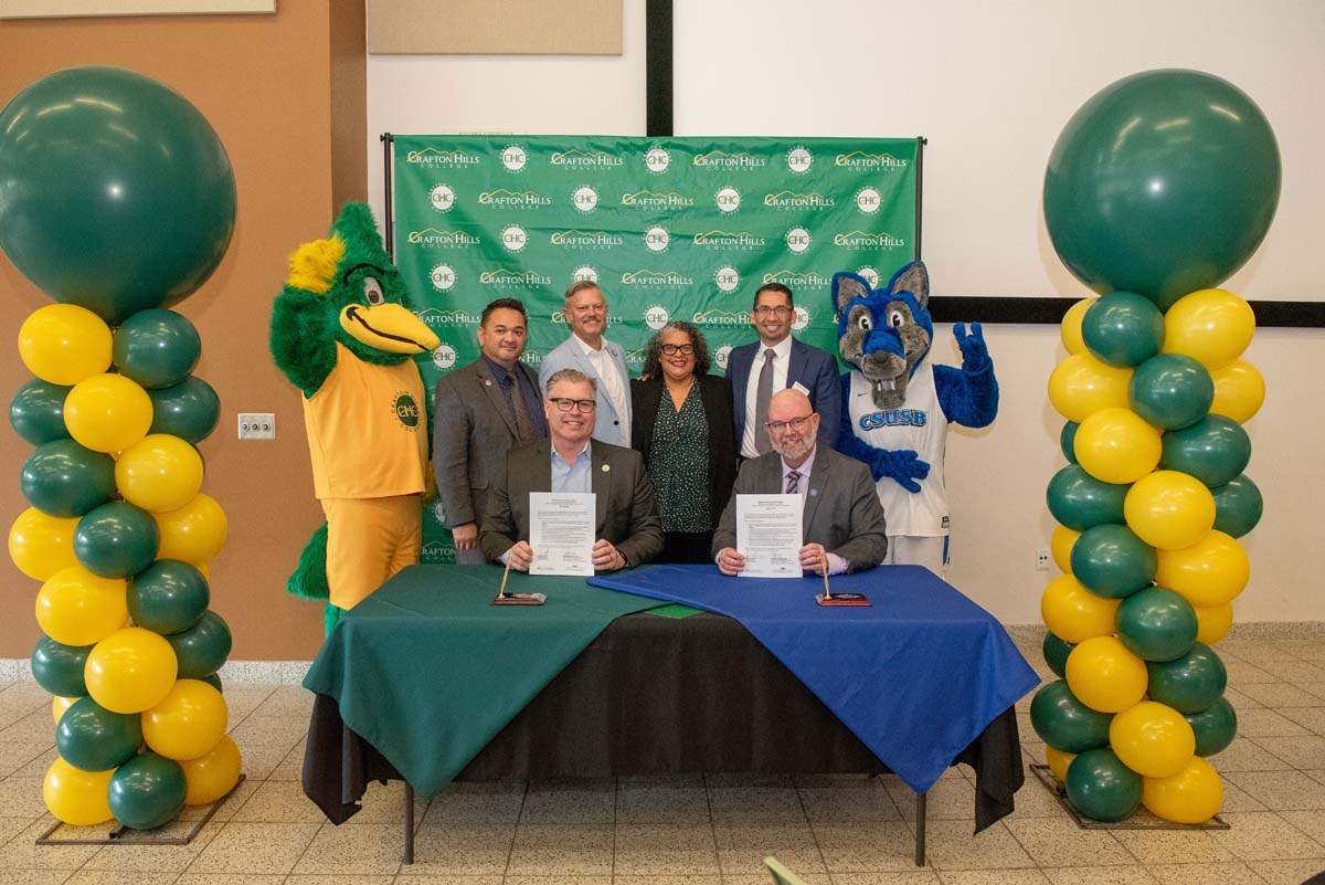 Mascots at the CSUSB CHC Coyotes on the Horizon MOU Signing Ceremony.