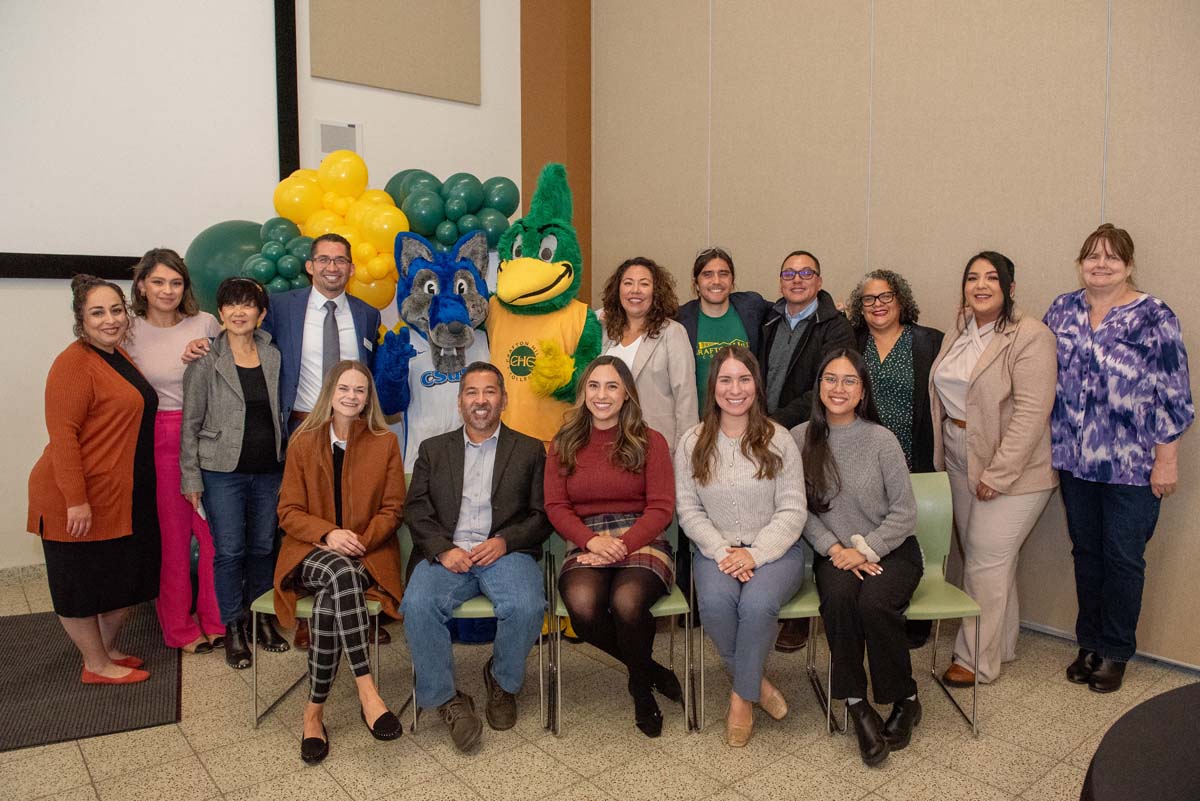 Mascots at the CSUSB CHC Coyotes on the Horizon MOU Signing Ceremony.